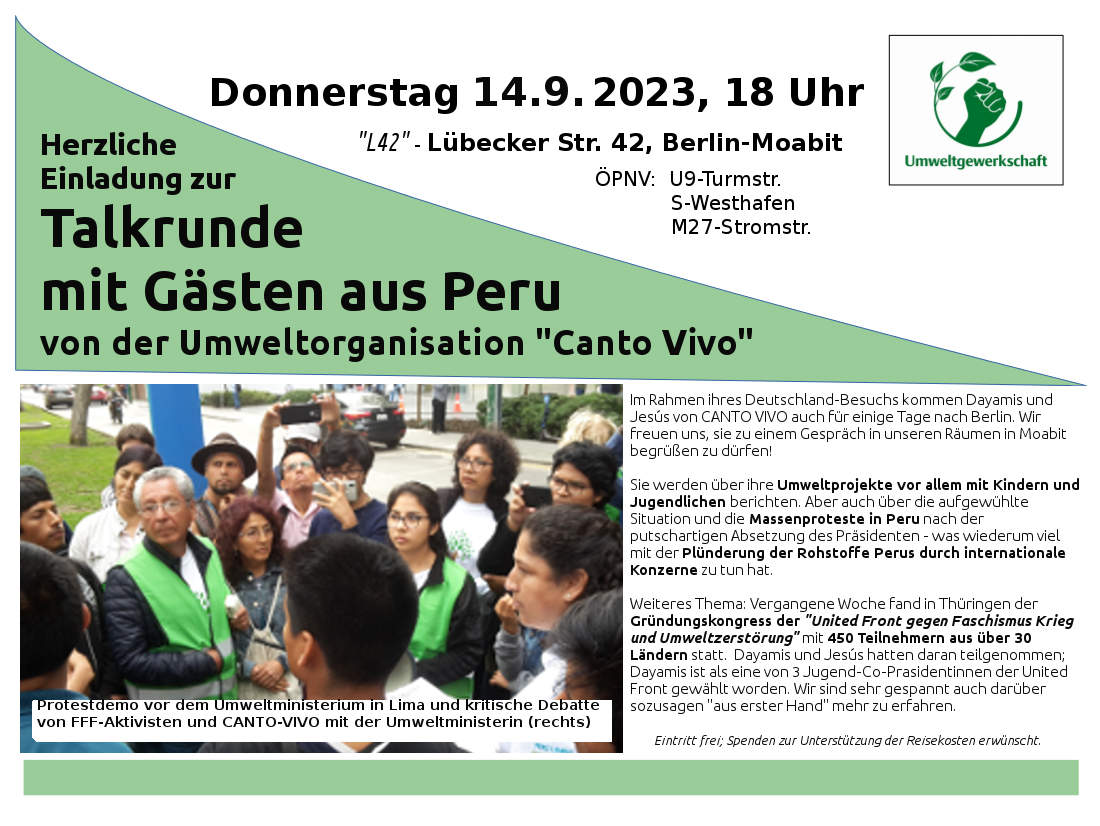 UG Flyer Einladung zum Talk mit Canto Vivo in Berlin 14.9.23